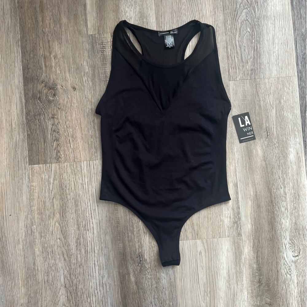 LA Winner mesh detail Sleeveless Bodysuit